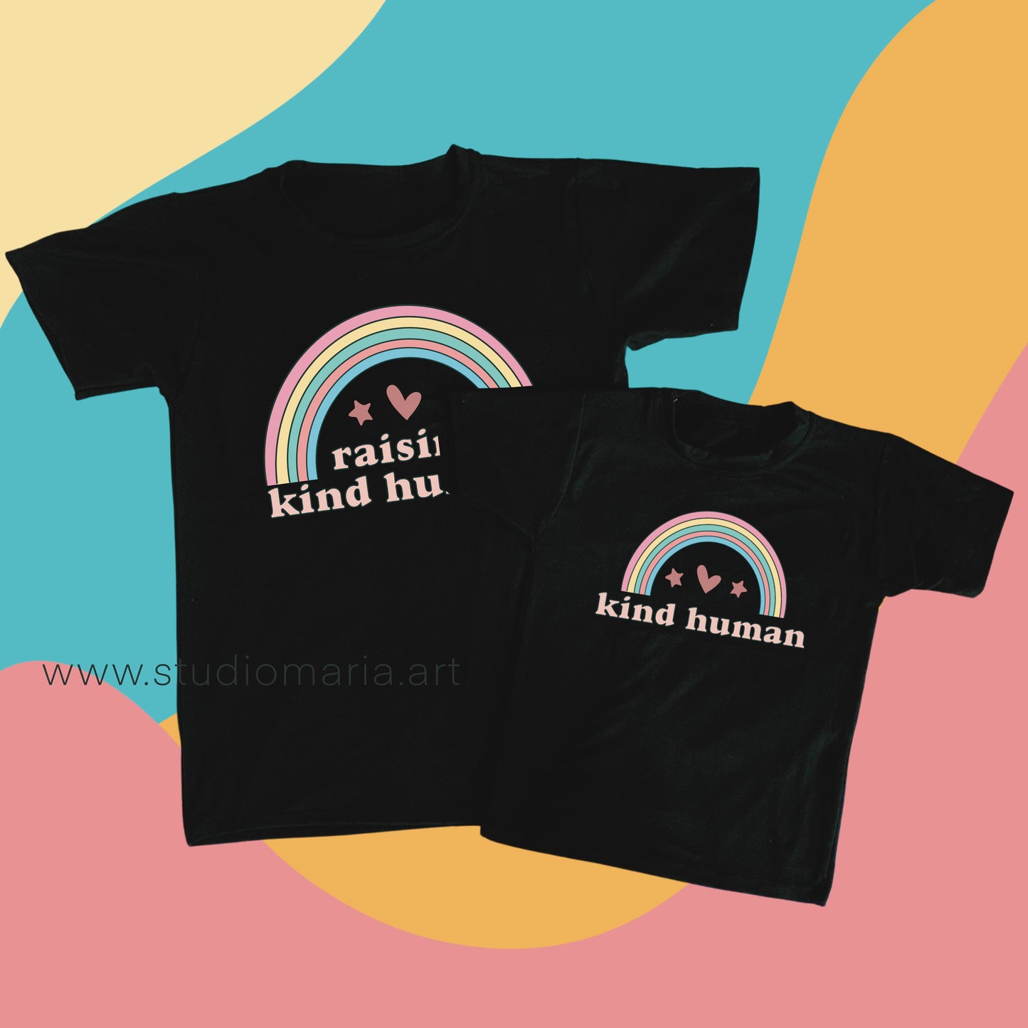 Pastel Rainbow Raising Kind Humans / Kind Human Mommy and Me Shirt Set
